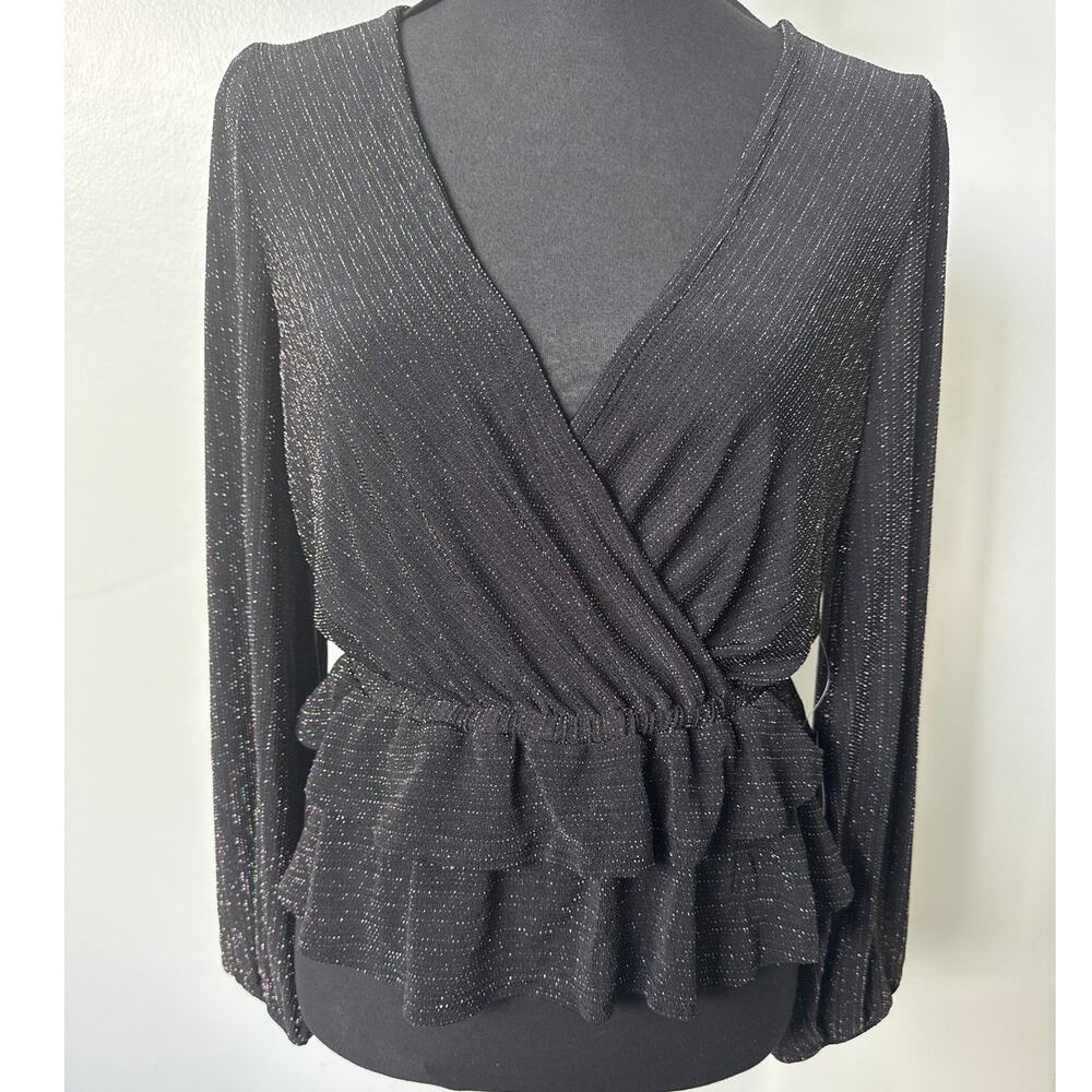 ModCloth Layered in Luminosity Black Metallic V Neck Peplum Stretch Top XS NWT